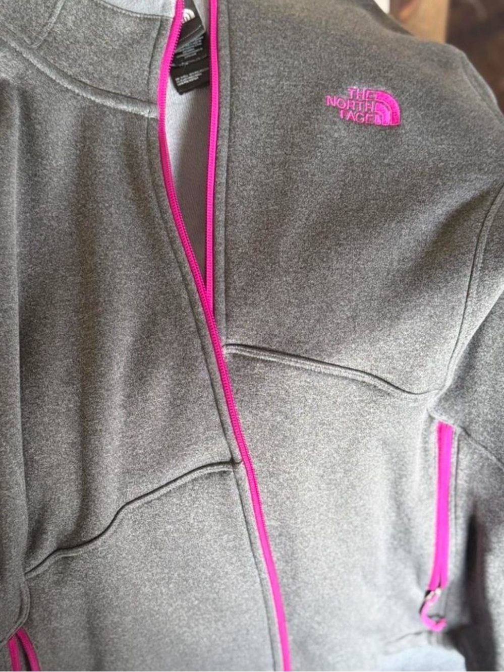 The North Face Gray Teddy Fleece Jacket with Pink Trim
